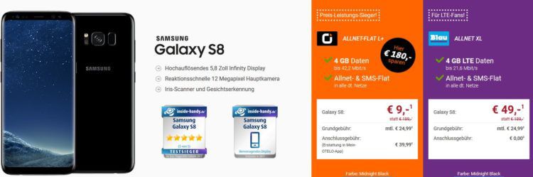 Sparhandy Big Deal: Samsung Galaxy S8 ab 9€ + AllNet + SMS Flat + 4 GB Daten (bis zu 42,2 Mbit/s) für 24,99€ mtl.