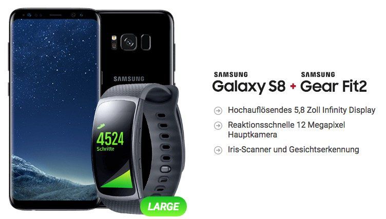 Samsung Galaxy S8 + Samsung Gear Fit 2 für 4,95€ + Vodafone Tarif mit 5GB LTE für 41,99€ mtl.