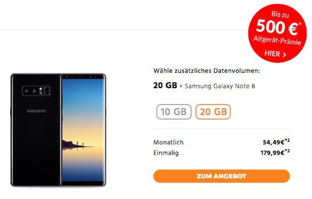 o2 Free L mit 20GB LTE für 54,49€ mtl. + Samsung Galaxy Note 8 für 179,99€ + bis zu 500€ Altgerätprämie