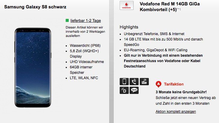 Vodafone Red M mit 14GB LTE dank Giga Kombi Vorteil für 32,36€ mtl. + Samsung Galaxy S8 für 1€   nur Vodafone DSL oder Kabel Deutschland Kunden!