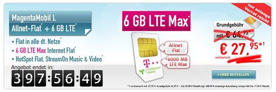 Telekom MagentaMobil L mit 6GB LTE (junge Leute 12GB!) für effektiv 27,95€ mtl.