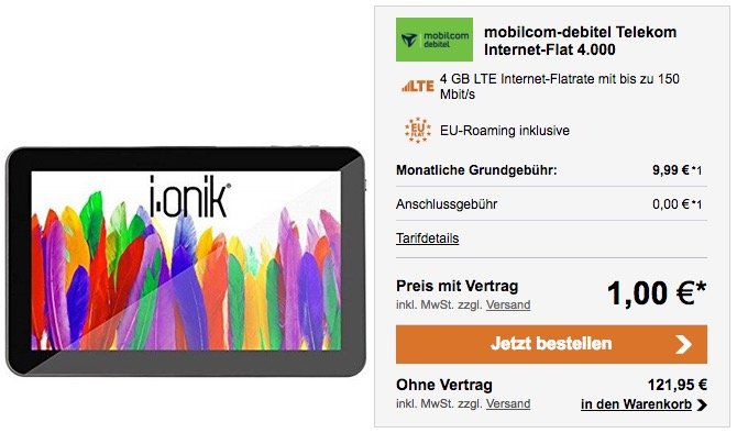 Telekom 4GB LTE Datentarif für 9,99€ mtl. + 7 Zoll i.onik Global 7.0 LTE Tablet für 1€