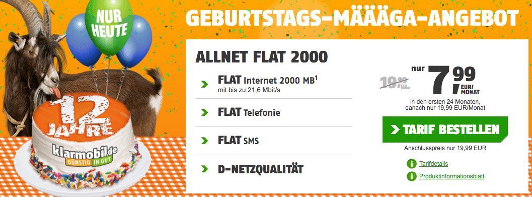 Knaller   nur heute! 12 Jahre klarmobil   Vodafone Allnet Flat mit 2GB für 7,99€ mtl.