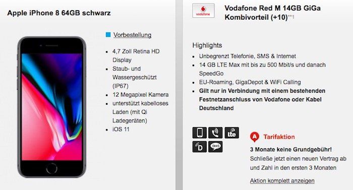 iPhone 8 64GB + Vodafone GigaKombi mit 14GB LTE für 40,45€ mtl. – nur Vodafone oder KD Bestandskunden