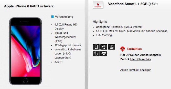 Vodafone Smart L mit 5GB LTE für 41,99€ mtl. + Top Smartphone   z.B. iPhone 8 64GB für 99€ oder iPhone 7 128GB für 19€