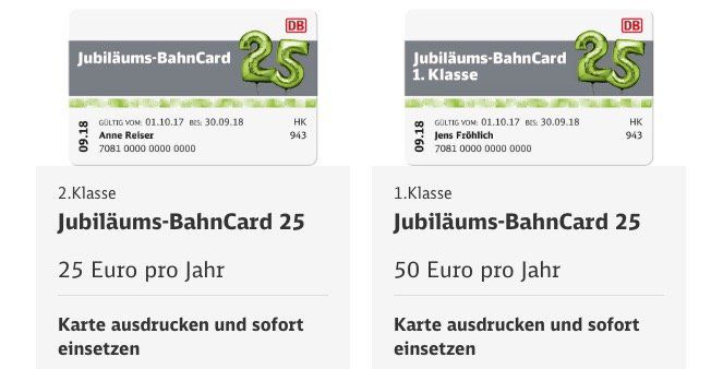 Jubiläums Bahncard 25 (2. Klasse) für 25€ (statt 62€)   1. Klasse nur 50€!