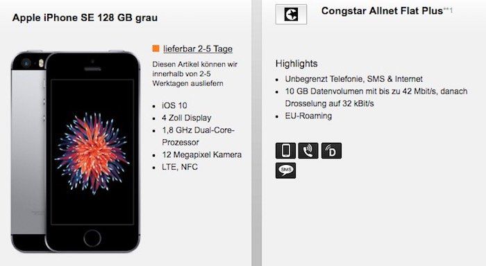 Congstar Allnet Flat mit 10GB für 30€ mtl. + iPhone SE 128GB (o. Honor 9) für 49€