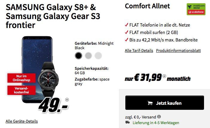 Knaller! Galaxy S8 Plus + Galaxy Gear S3 Frontier für 49€ (statt 874€) + Vodafone Flat mit 2 GB für 31,99€ mtl.