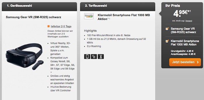 Vodafone Tarif mit 100 Freiminuten + 1GB für 4,95€ mtl. + Samsung Gear VR Brille für 4,95€