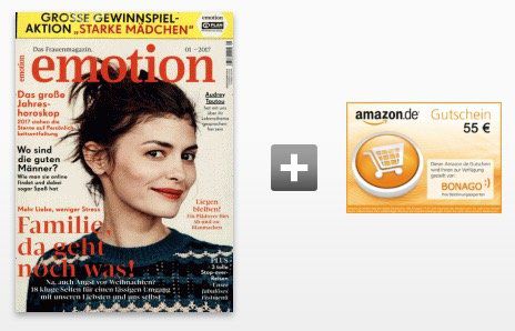 12 Ausgaben EMOTION für 62,40€ inkl. 55€ Amazon Gutschein oder 50€ Verrechnungsscheck