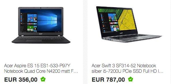 Windows Power von Cyberport   z.B. Acer Aspire ES Notebook für 356€ (statt 401€)