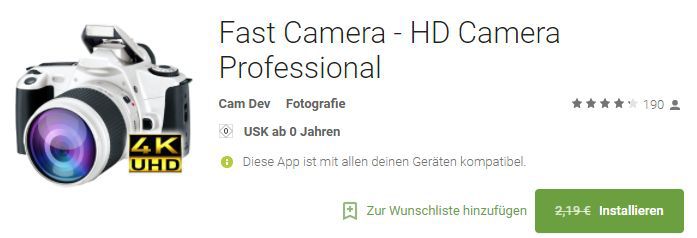 Fast Camera   HD Camera Professional (Android) kostenlos statt 2,19€