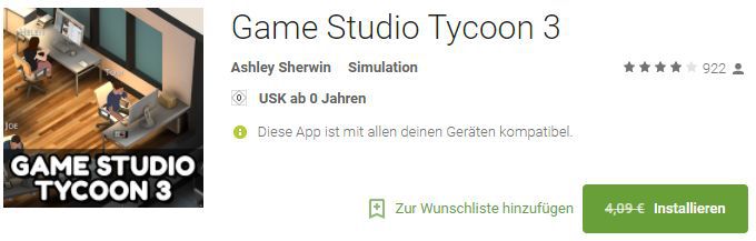 Game Studio Tycoon 3 (Android) gratis statt 4,09€