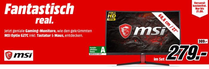Media Markt Gamer Monitore günstig z.B. MSI Optix G27C   27 Zoll Full HD Monitor für 279€