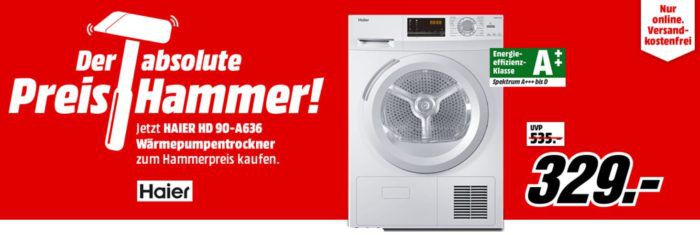 Media Markt Preishammer: Haier HD 90 A636 Wärmepumpentrockner (9 kg, A++) statt 438€ für nur 329€