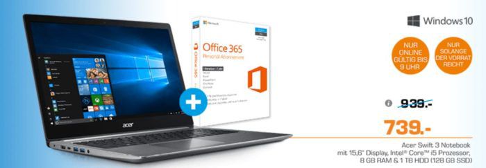 ACER Swift 3   15,6 Notebook mit i5, 128GB SSD, 1TB HDD + Win 10 + Office für 739€