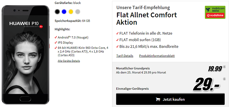 HUAWEI P10 + Vodafone AllnetFlat mit 1GB für 21,69€ mtl.