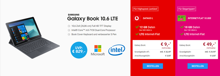 Sparhandy Big Deal: Samsung Galaxy Book 10.6 LTE ab 9€ + Datenflatrate mit 10 GB für 29,99€ oder 12 GB für 32,49€