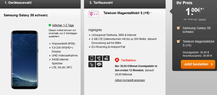 Samsung Galaxy S8 für 40,95€ + Telekom MagentaMobil S AllNet + SMS Flat + 2 GB LTE (bis zu 300 Mbit/s) für 38,45€ mtl. + Young Vorteil + MagentaEINS möglich
