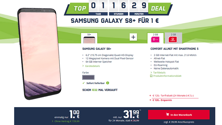 Samsung Galaxy S8+ für 40,99€ + Telekom o. Vodafone AllNet + 2 GB LTE (bis zu 42,2 Mbit/s) für 31,99€ mtl.