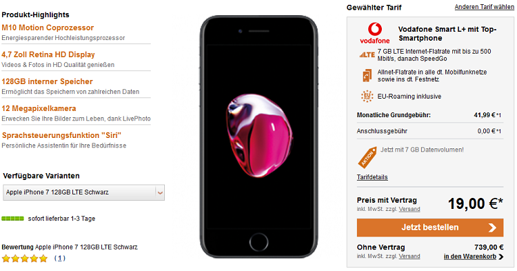 iPhone 7 128GB für 19€ + Vodafone Smart L+ mit 7GB LTE für 41,99€ mtl.