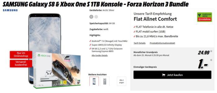 Samsung Galaxy S8 +  XBox One S 1TB inkl. Forza Horizon + Vodafon Allnet Flat + 1GB Datenflat für 24,99€ mtl.