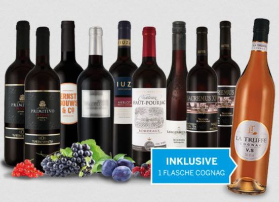 Vorteilspaket: Die Welt des Rotweins   9 Flaschen inkl. 1 Flasche Cognac für 74,85€