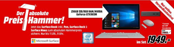 Microsoft Surface Book Bundle i7 mit 8GB RAM 256GB SSD + Maus, Pen und Dock für 1949€