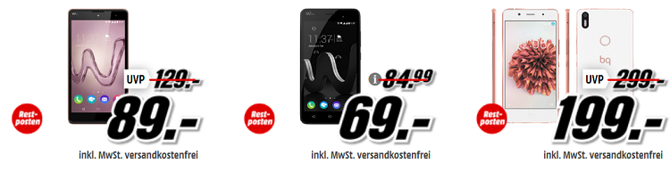 Media Markt Restposten aus dem Bereich Smartphones & Wearables   z.B. bq Aquaris X5 Plus für 199€ (statt 220€)