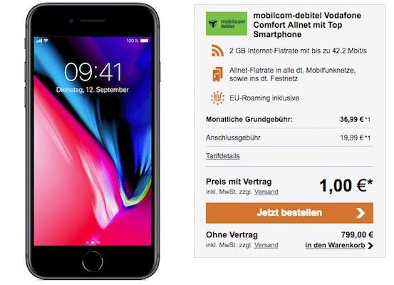 iPhone 8 für 1€ + Vodafone Flat mit 2GB für 36,99€ mtl.