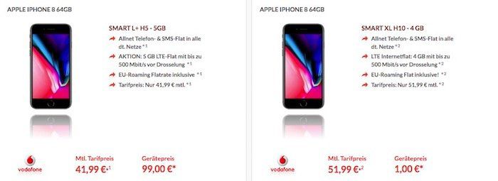 iPhone 8 Angebote ab 1€ mit Vodafone Verträge   z.B. Allnet Flat mit 5GB LTE für 41,99€ mtl.