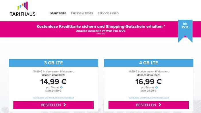 Tarifhaus LTE Handytarife mit bis zu 4GB ab 14,99€ mtl. + beitragsfreie Kreditkarte + 100€ Amazon Gutschein