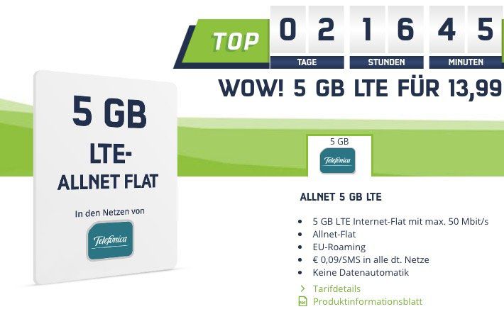 o2 Allnet Flat mit 5GB LTE für 13,98€ mtl.