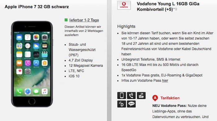 Vodafone Young L mit 16GB LTE im GiGa Kombivorteil für 32,99€ mtl. + iPhone 7 nur 1€