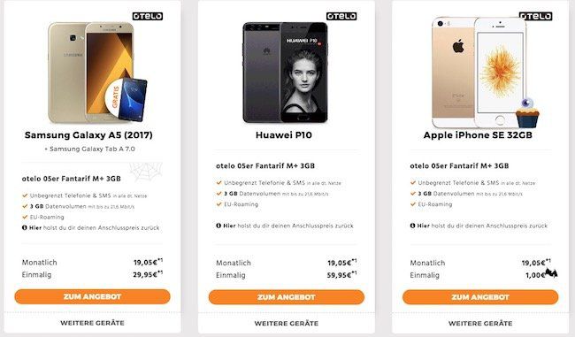 Otelo Halloween Deals bei Handyflash inkl. Smartphone ab 1€ (iPhone SE, Galaxy S8, ...)