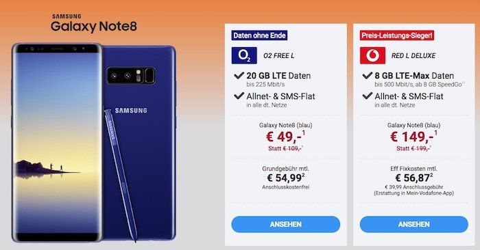 Halloween Deals bei Sparhandy   z.B. Samsung Galaxy Note 8 nur 49€ + o2 Flat mit 20GB LTE für 54,99€ mtl.