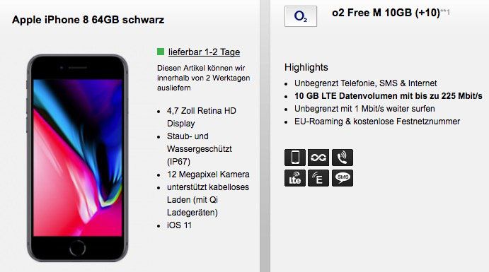 iPhone 8 ab 99,95€ + o2 Free M mit 10GB LTE für 39,99€ mtl.