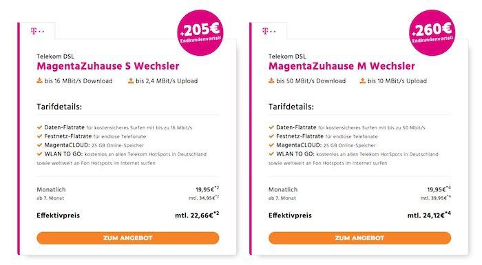 Telekom MagentaZuhause    verschiedene Tarife z.B. MagentaZuhause M 50 Mbit/s für 24,12€ mtl. (Wechsler)