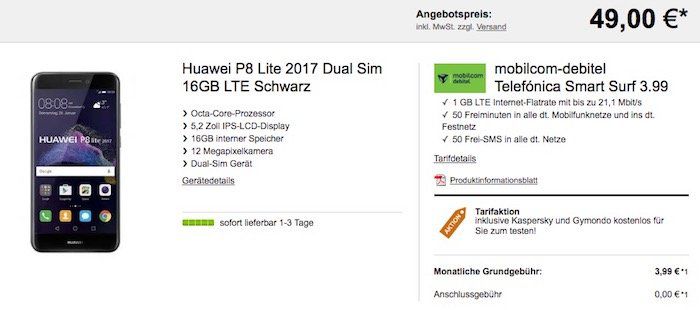 Huawei P8 Lite 2017 für 49€ + o2 Smart Surf mit 1GB LTE für 3,99€ mtl.