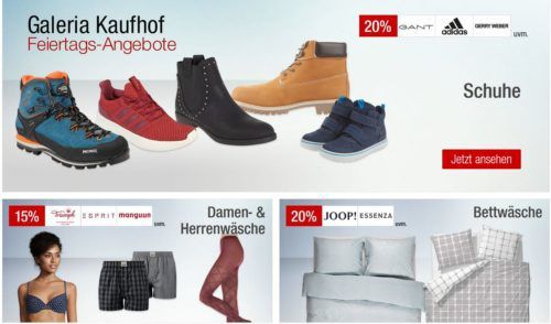 Galeria Kaufhof Feiertagsangebote   z.B. 20% auf Schuhe, Düfte, Sportartikel  und Kleidung   15% auf Nespresso