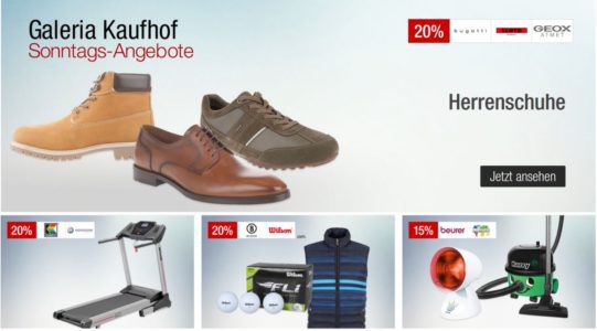 Galeria Kaufhof Sonntagsangebote   z.B. 20% auf Schuhe, Düfte, Sportartikel  und Kleidung   15% auf Nespresso uvam.