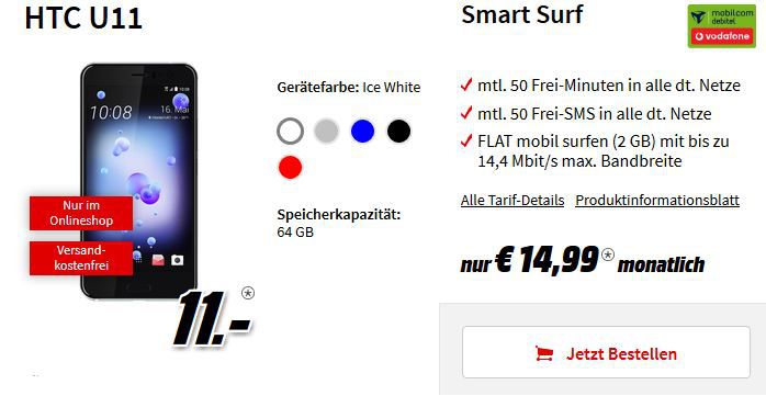 Media Markt Singles Days Verträge z.B.: HTC U11  Smartphone + Vodafone 50 Min./Sms + 2GB Daten für nur 14,99€ mtl. (Wert 522€)