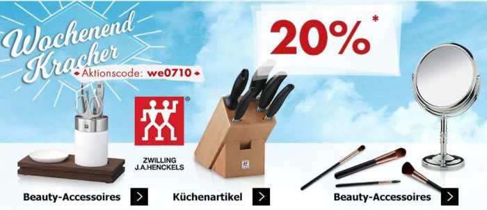 Karstadt Weekend Kracher: 20% auf Beauty Accessoirs, Zwilling Küchenartikel, Fitnessbekleidung und mehr ..