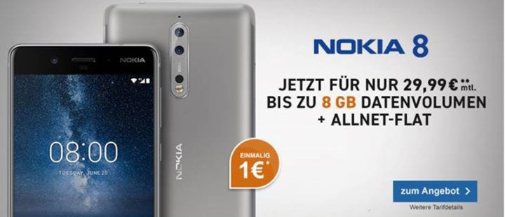 NOKIA 8 + Blau AllNet & SMS Flat + 4 GB LTE für 29,99€ mtl.