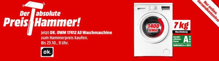 Media Markt Preishammer: OK. OWM 17412 A3   7kg Waschmaschine 1.400U/min für nur 199€