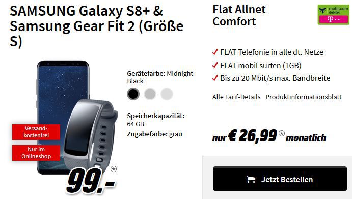 Hot! Samsung S8 Plus + Gearfit 2 + Telekom Allnet Flat + 1GB Daten für nur 32,78€ + andere Bundle