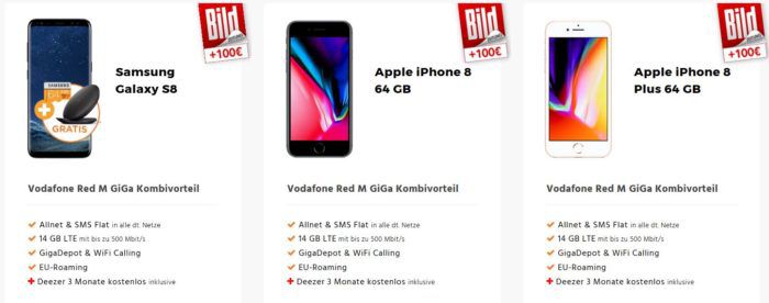 Vodafone AllNet + SMS Flat + 14GB Daten + S8 / iPhone 8 für Vodafone und KD Kunden ab 30,07€