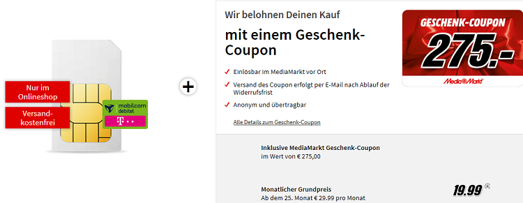 Top! Telekom Internet Flat 10.000 mit 10 GB LTE für 21,66€ + 275€ Media Markt Gutschein geschenkt
