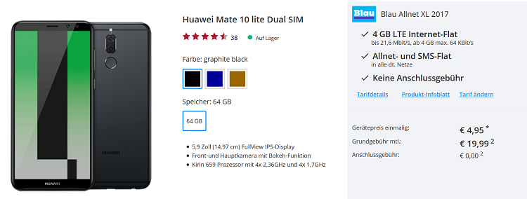 Huawei Mate 10 lite + Blau Allnet XL 2017 + 4GB LTE für nur 19,99€ mtl.