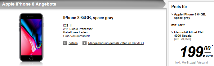 iPhone 8 mit 64 GB für 199€ + klarmobil Allnet Flat mit 4 GB für 30,68€ mtl.